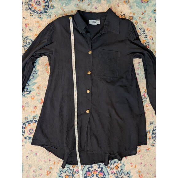 Vintage Laura Kidd Studios Black Gauzy Button-Up Tunic w/ Gold Shell Buttons: XL - Picture 9 of 12